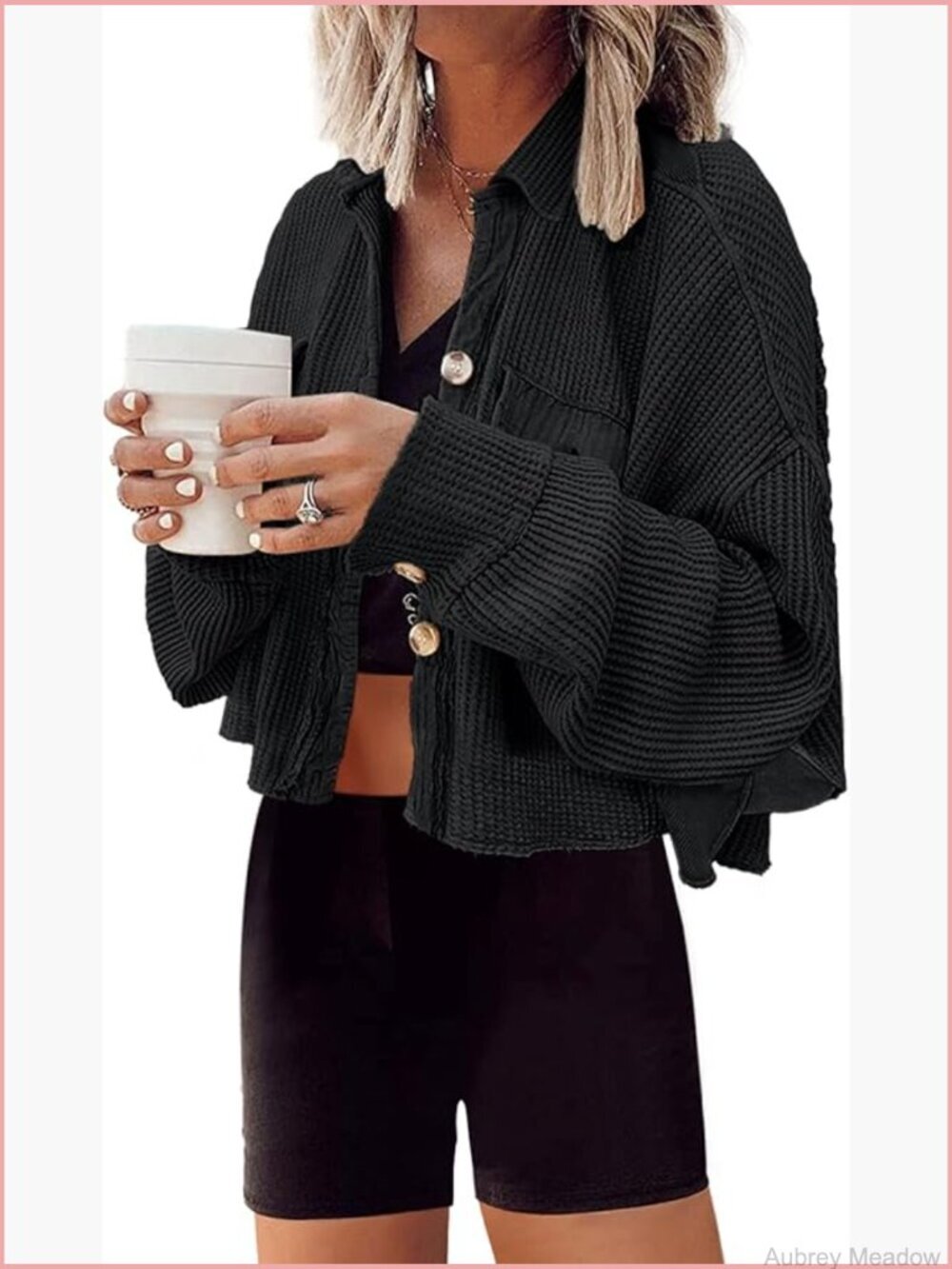 Cropped Waffle Knit Shacket Button Down Jacket Batwing Sleeves